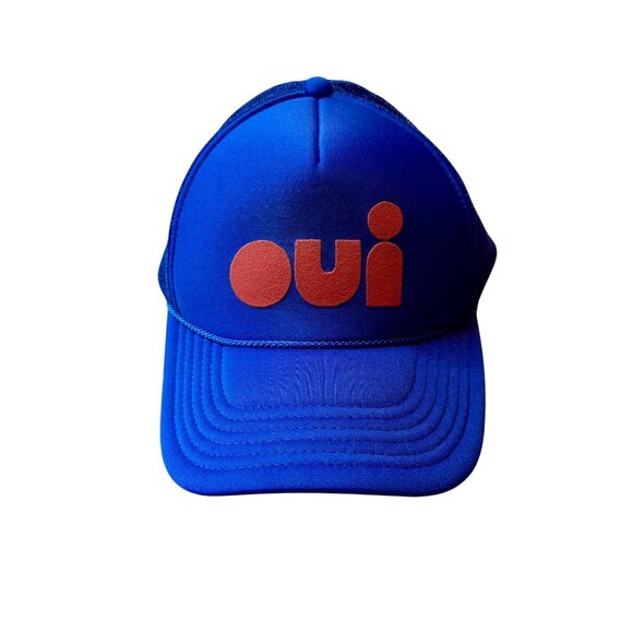 CLARE V. Oui Trucker Hat Unisex Blue With Red Writing Stylish Statement Cap - Picture 1 of 4